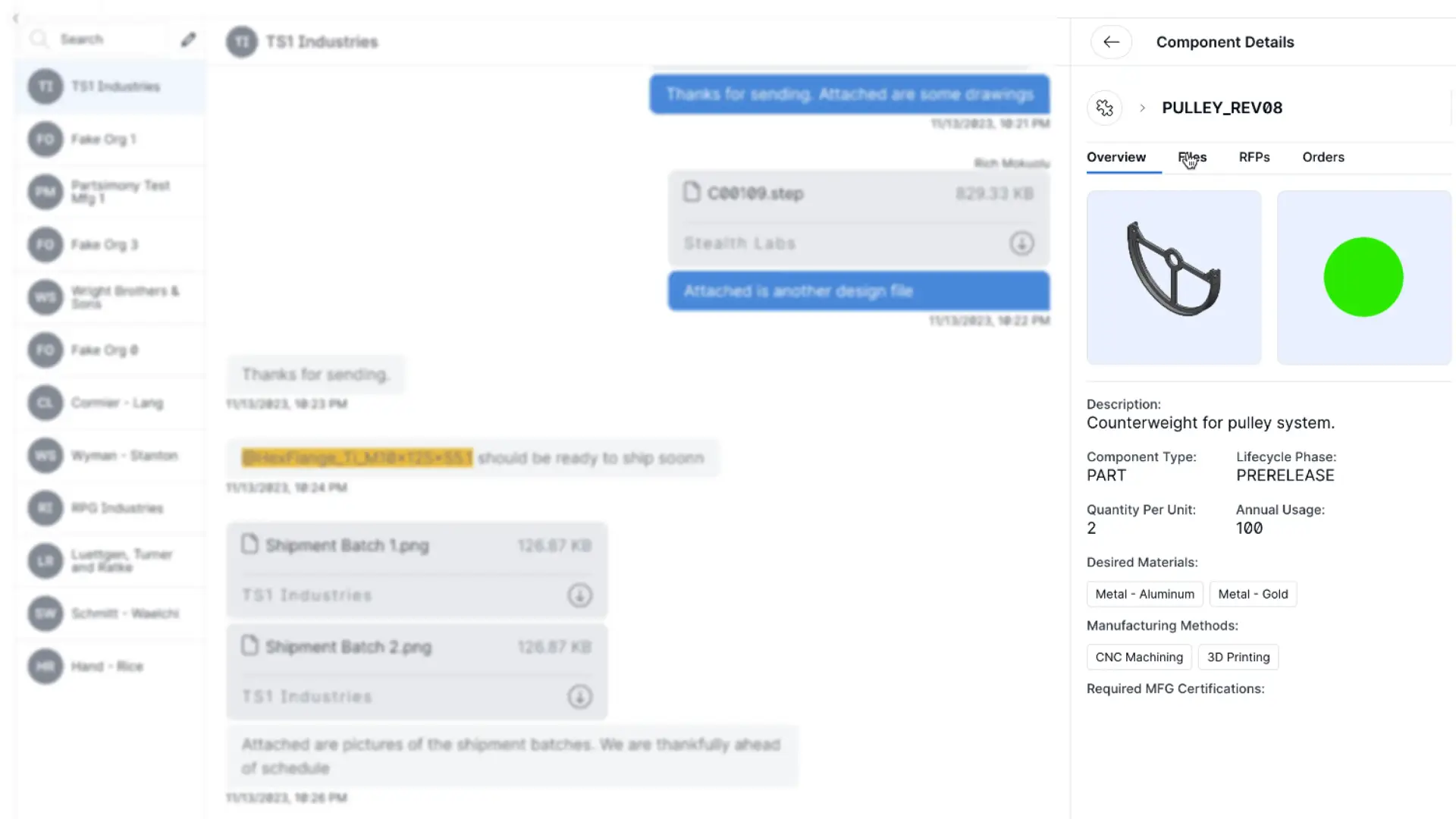 Partsimony messaging interface with component details for PULLEY_REV08.