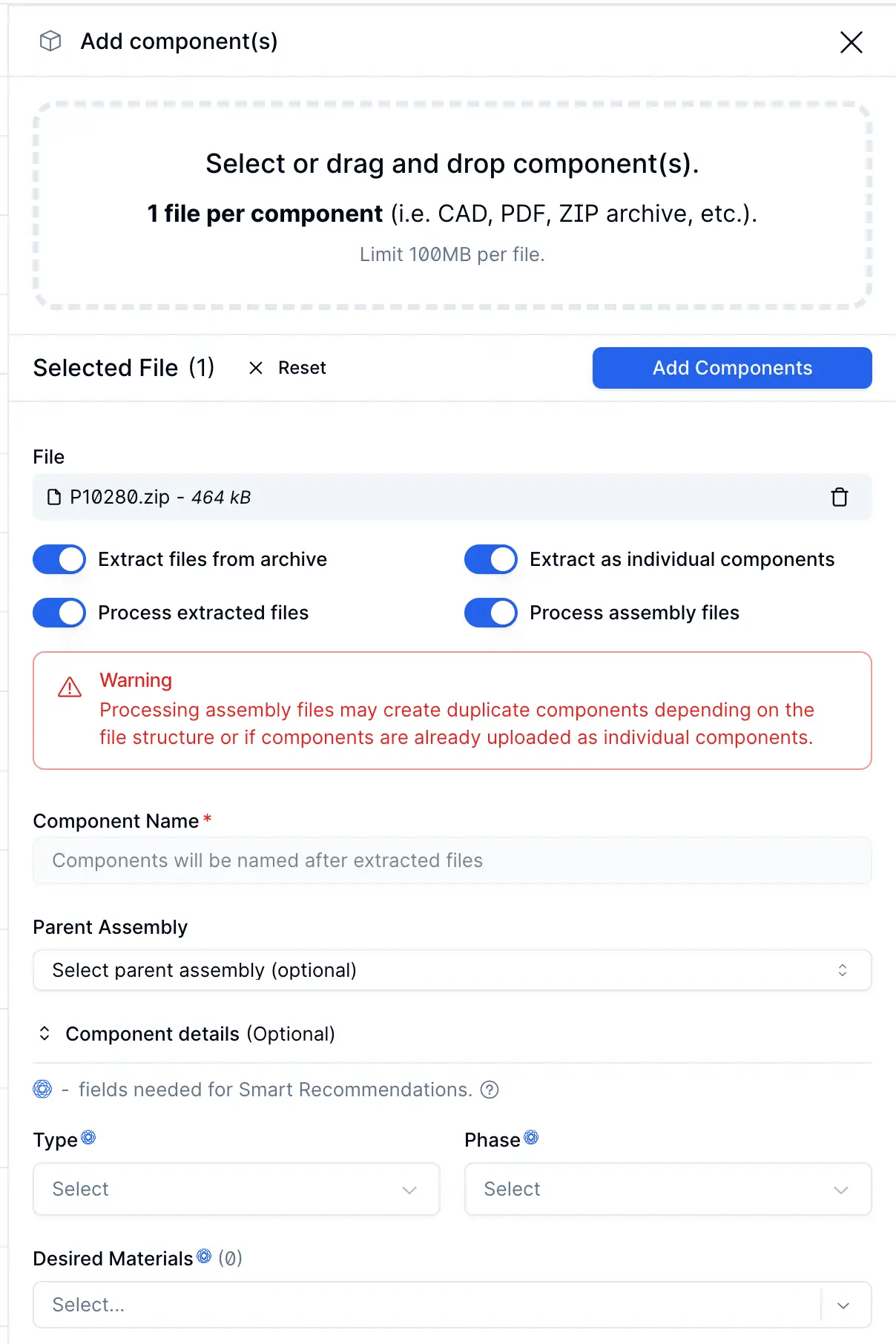 Partsimony Add Components screen for uploading and processing component files