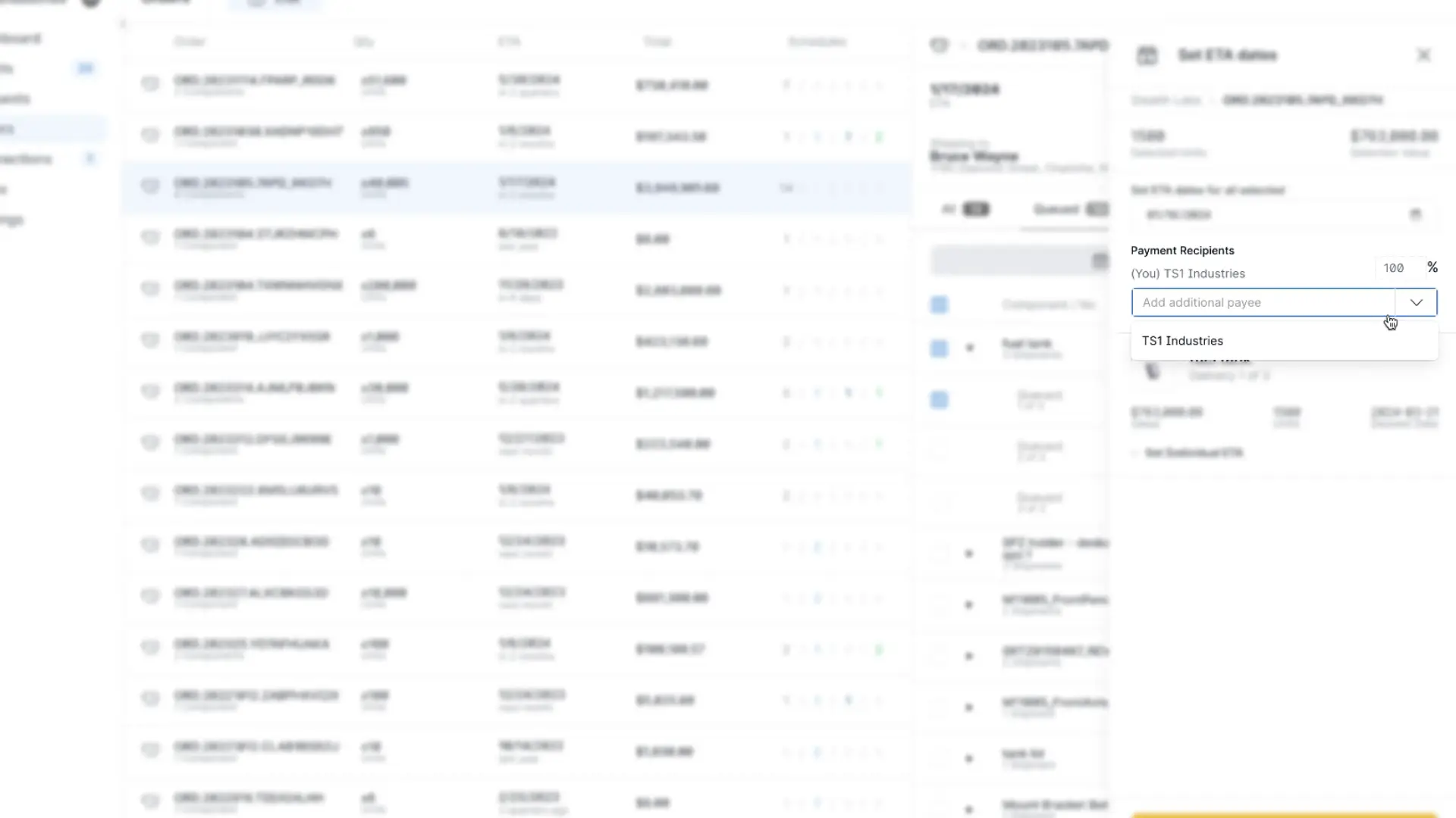 Partsimony Orders feature with Set ETA dates panel open for scheduling delivery dates.