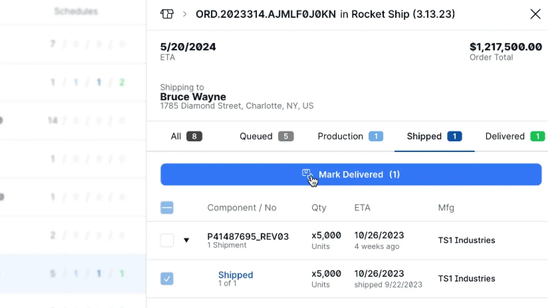 Partsimony Orders screen showing order details for confirmation of delivery.