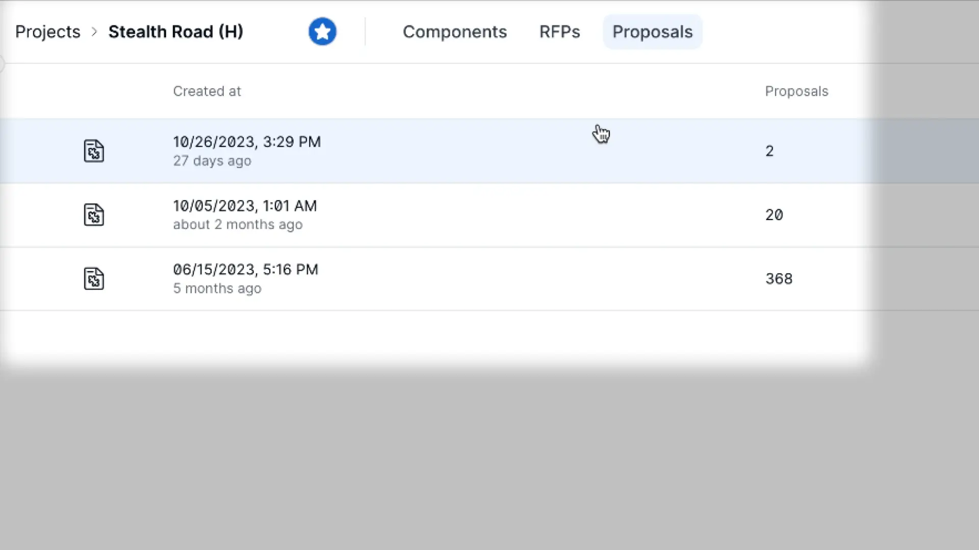 Partsimony Proposal Dashboard showing proposals for Stealth Road project