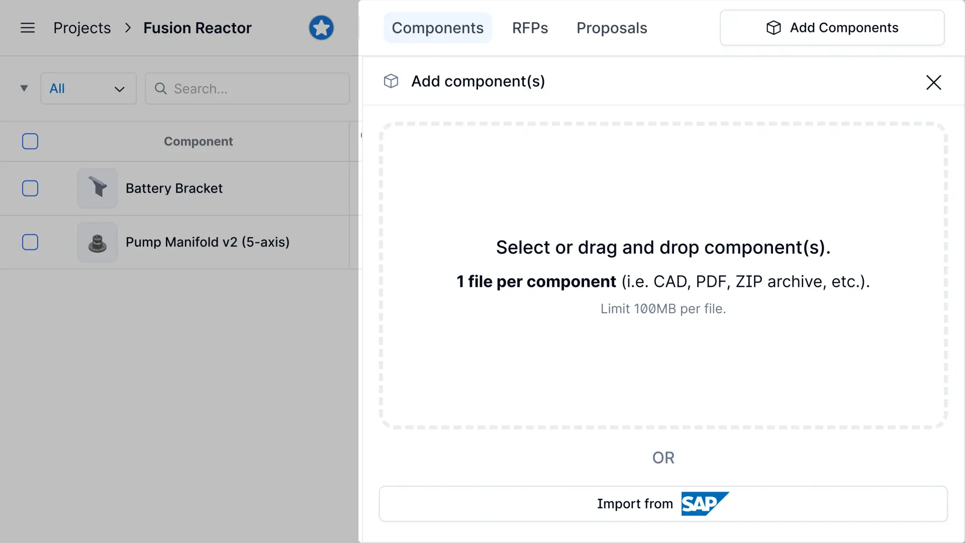 Partsimony Fusion Reactor project upload components screen