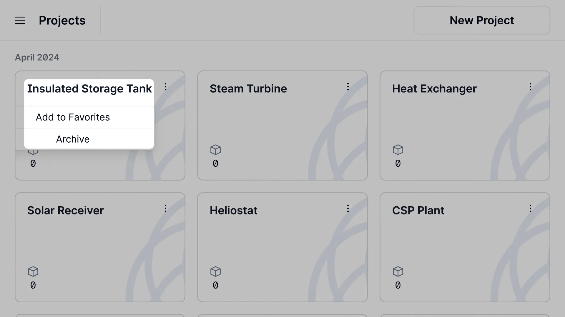 Partsimony Projects section showing project cards for April 2024 with options to add to favorites or archive.