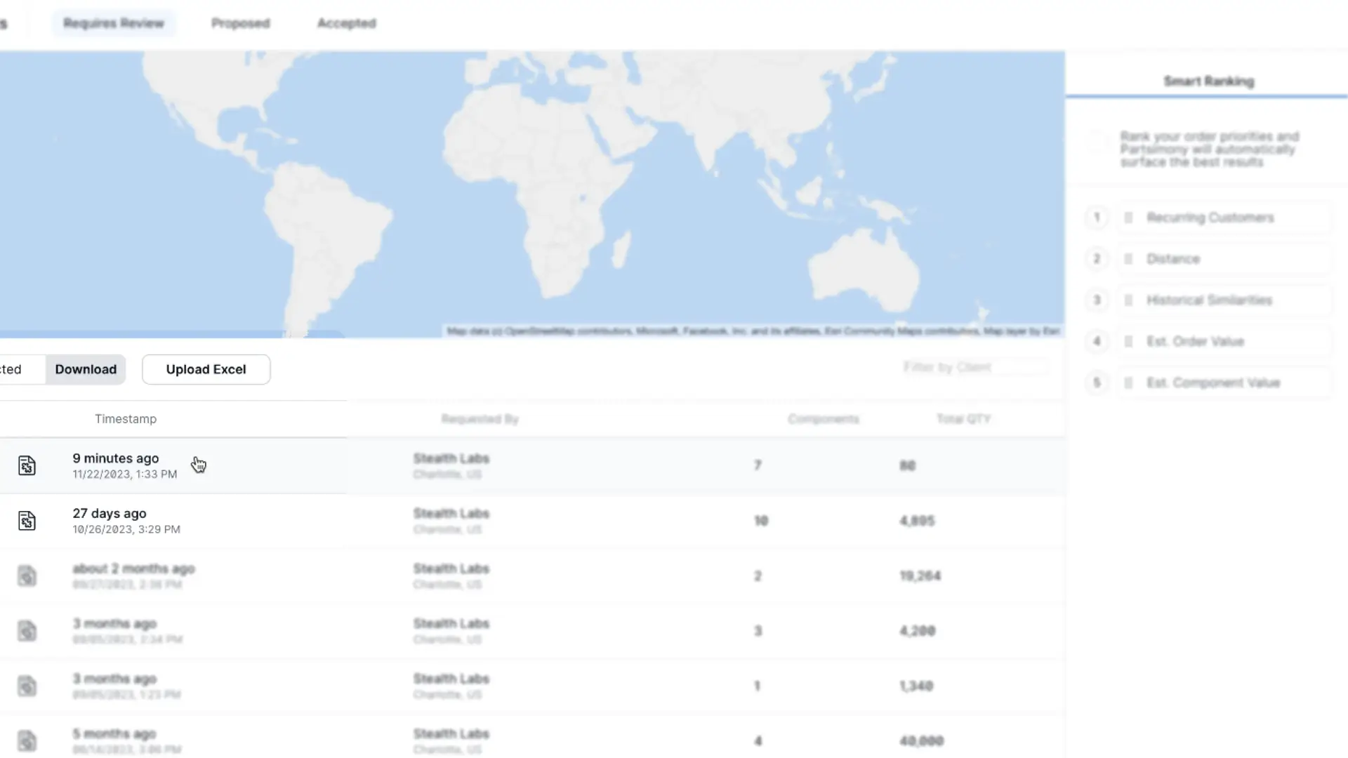 Partsimony Requests feature screen showing RFP quotes with a table of requests and Smart Ranking options.