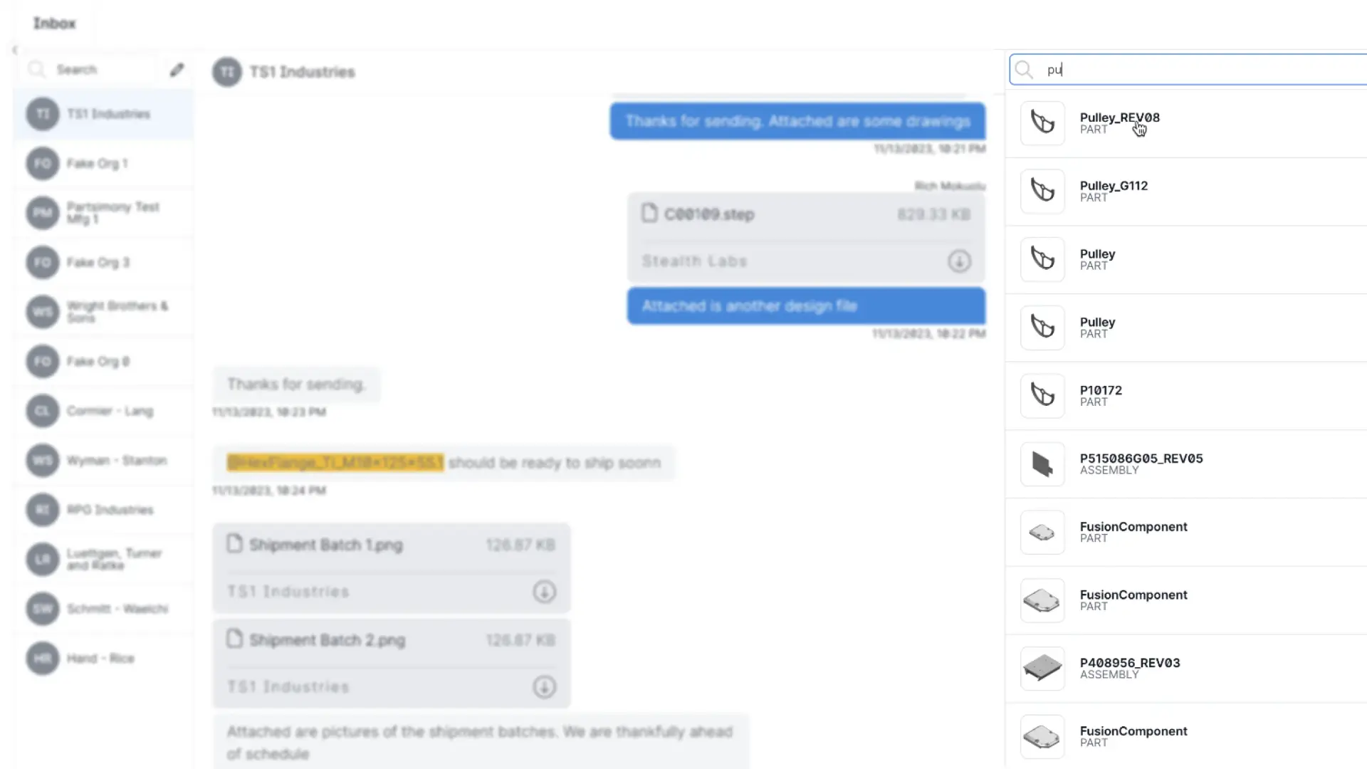 Partsimony Inbox with TS1 Industries conversation and component search results.