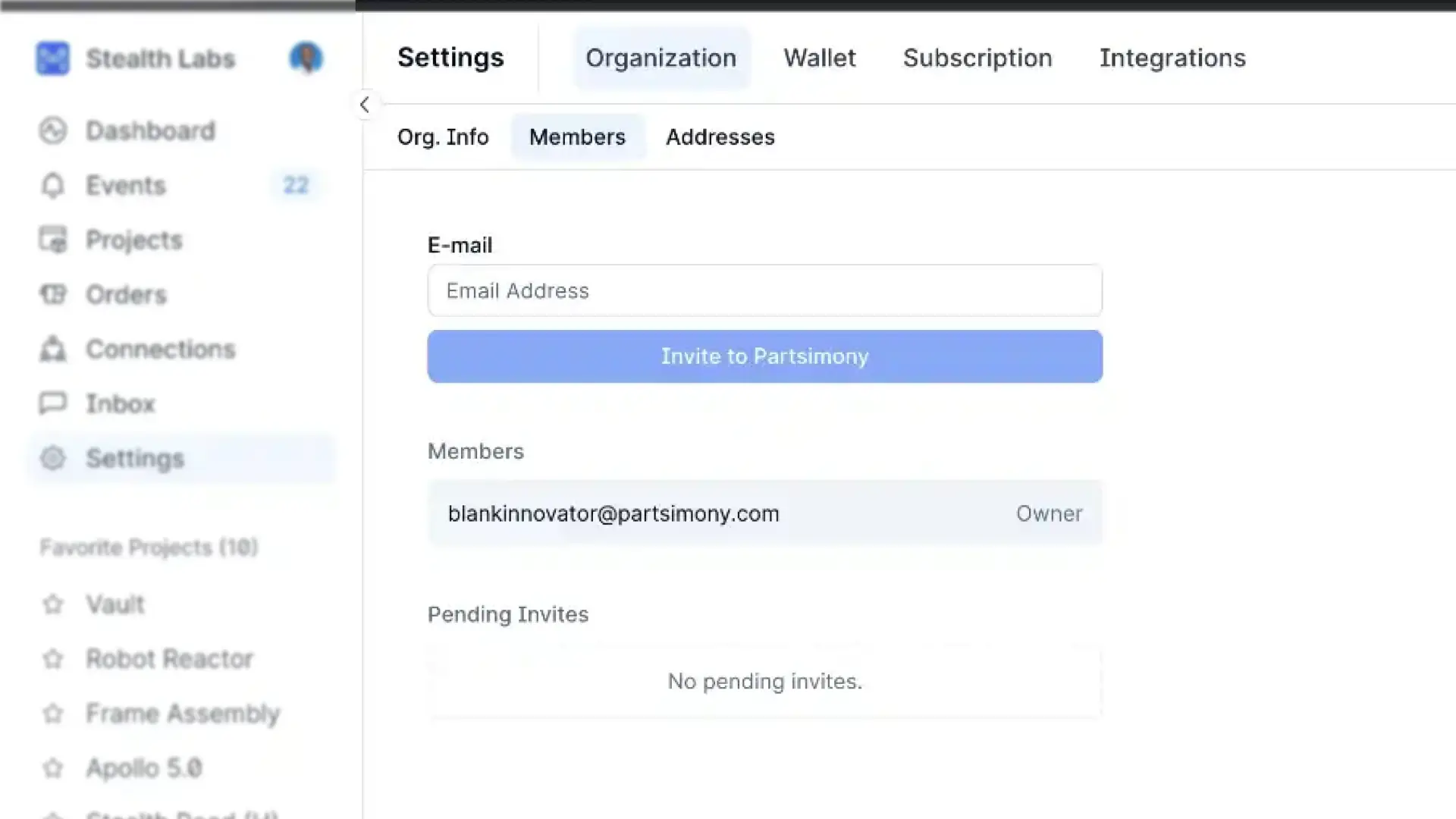 Partsimony platform settings page showing the invite team members interface.