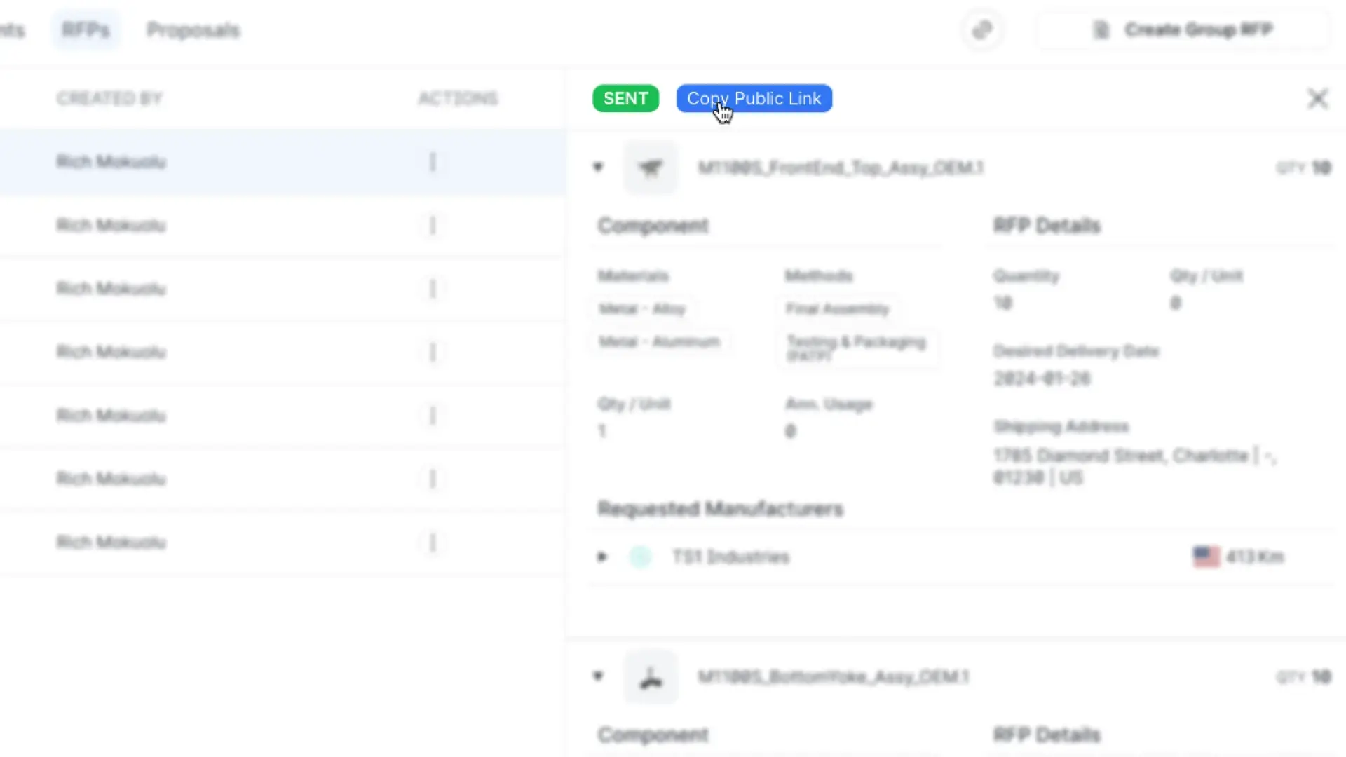 Partsimony RFPs section with sharing options and RFP details.