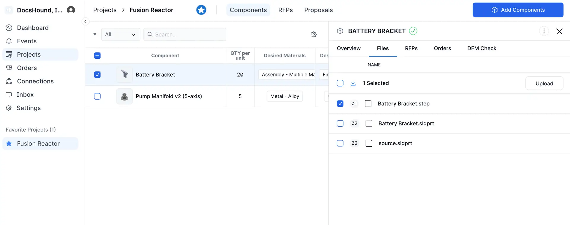 Partsimony Edit Components screen for Fusion Reactor project showing component details and file management options.