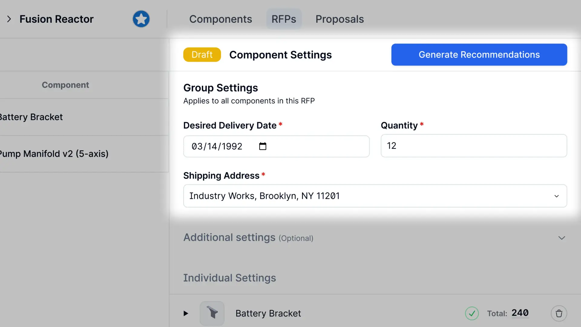 Partsimony RFPs Component Settings page for Fusion Reactor