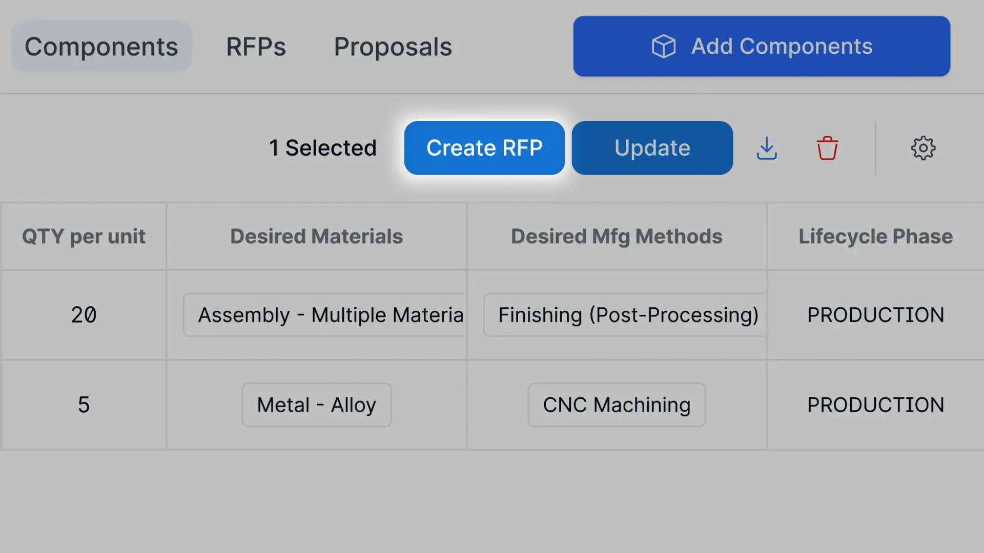 Partsimony Create RFP interface with components and manufacturing details