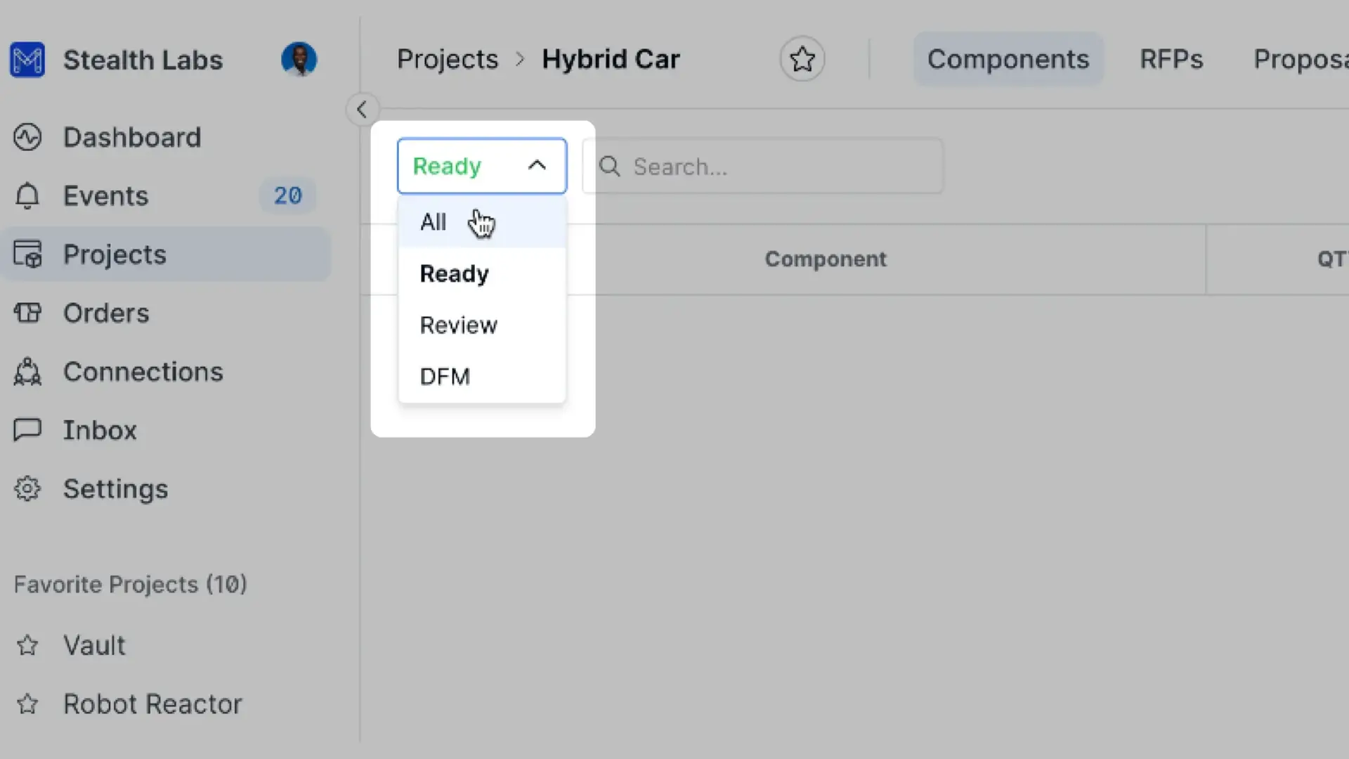 Partsimony Components section for Hybrid Car project with filter and search options