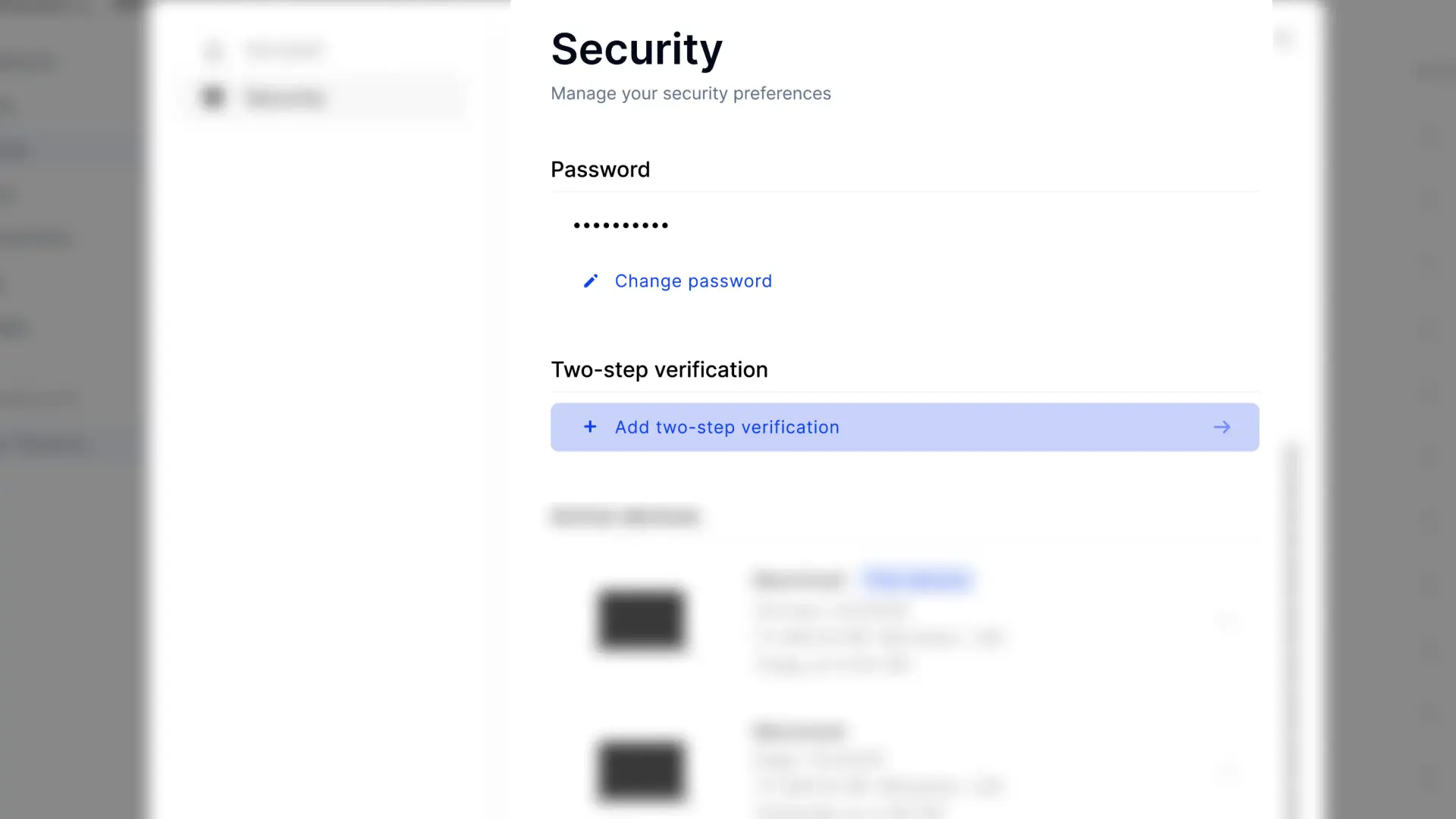 Partsimony Security settings page showing options for password change and adding two-step verification.