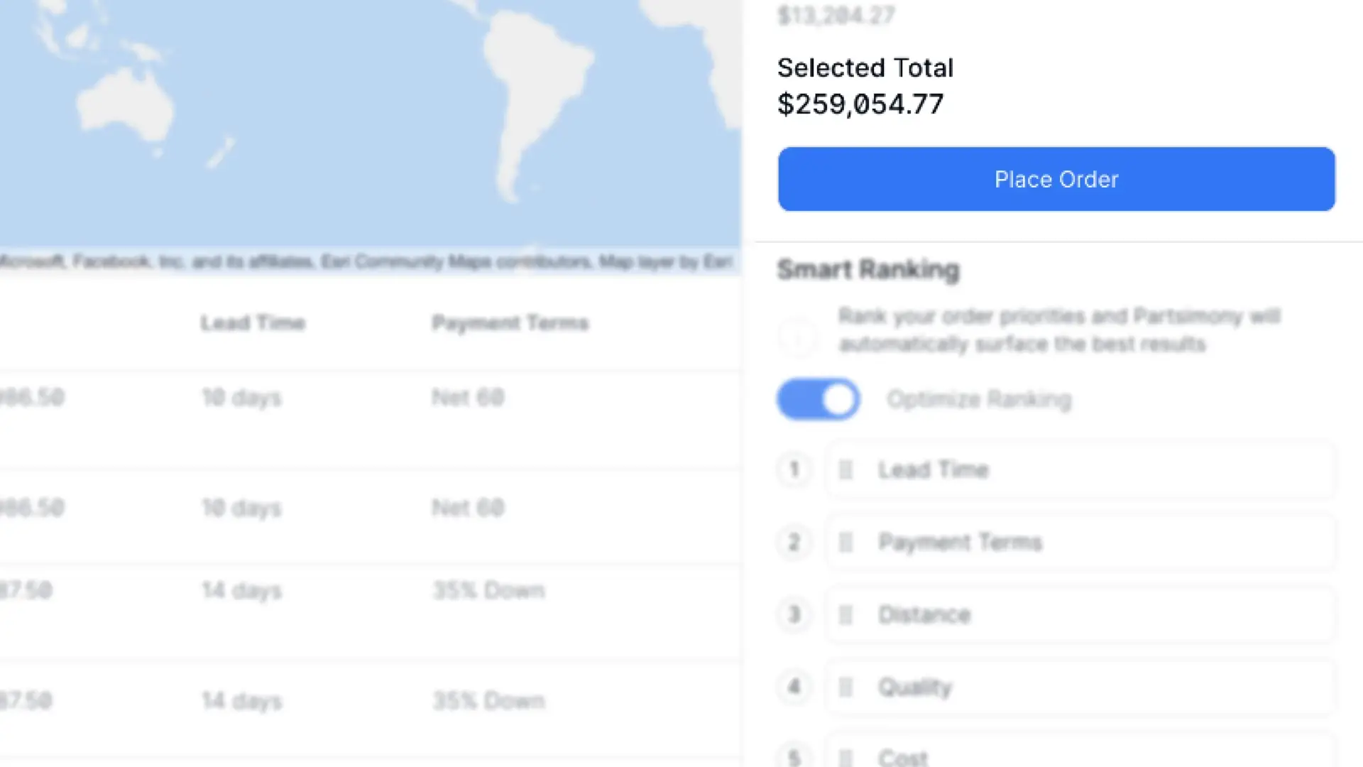 Partsimony Place Orders screen with Selected Total and Smart Ranking options.