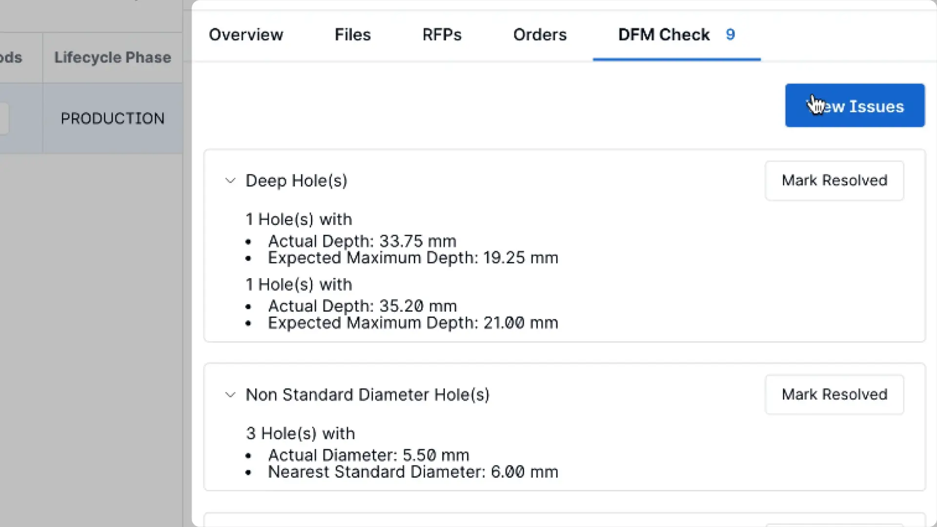 Partsimony DFM Check tab showing deep holes and non-standard diameter holes issues.