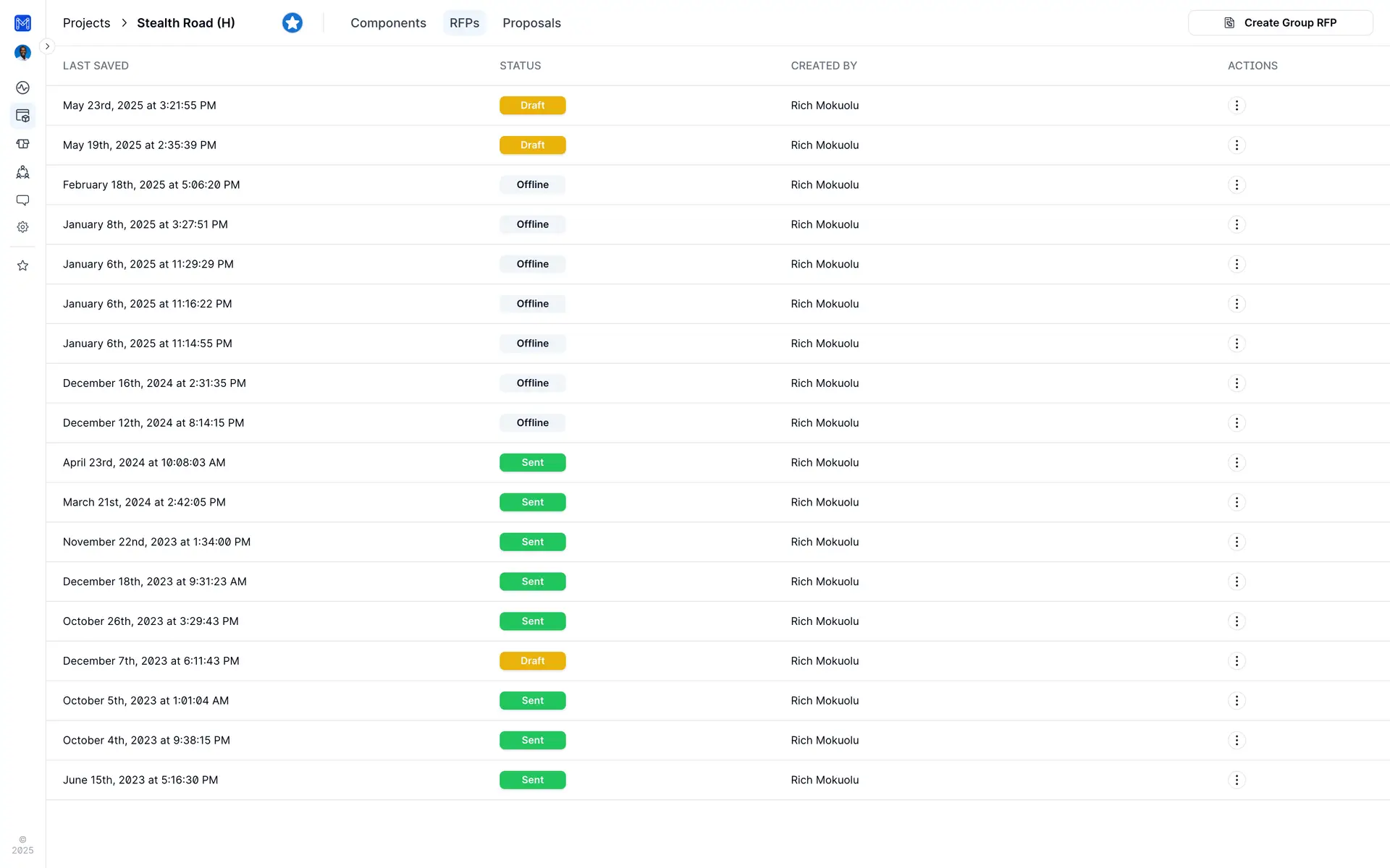 Partsimony RFP Dashboard for Stealth Road project showing list of RFPs with details like last saved date, status, creator, and actions.
