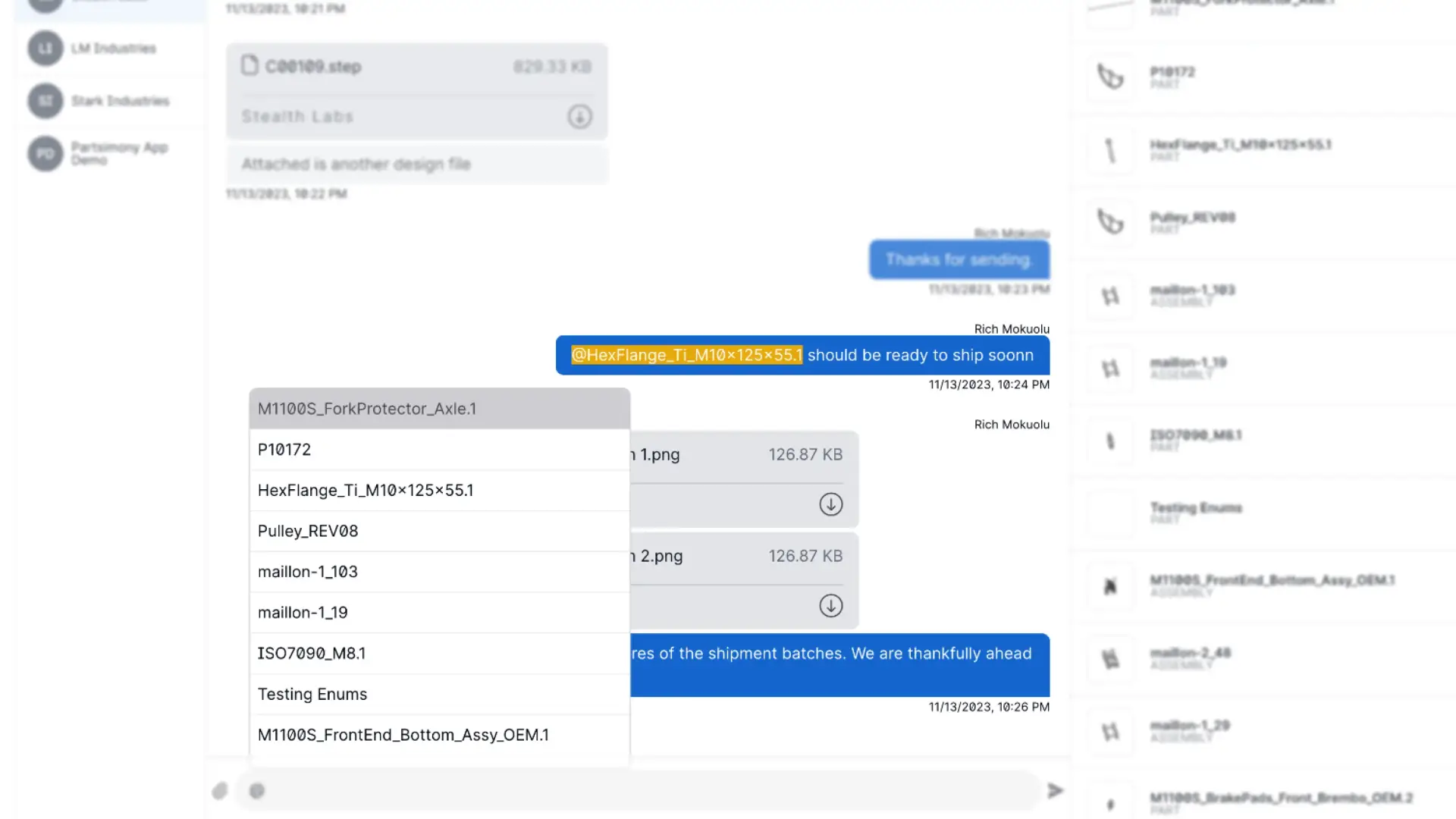 Partsimony Components in Inbox screen showing conversation and component list