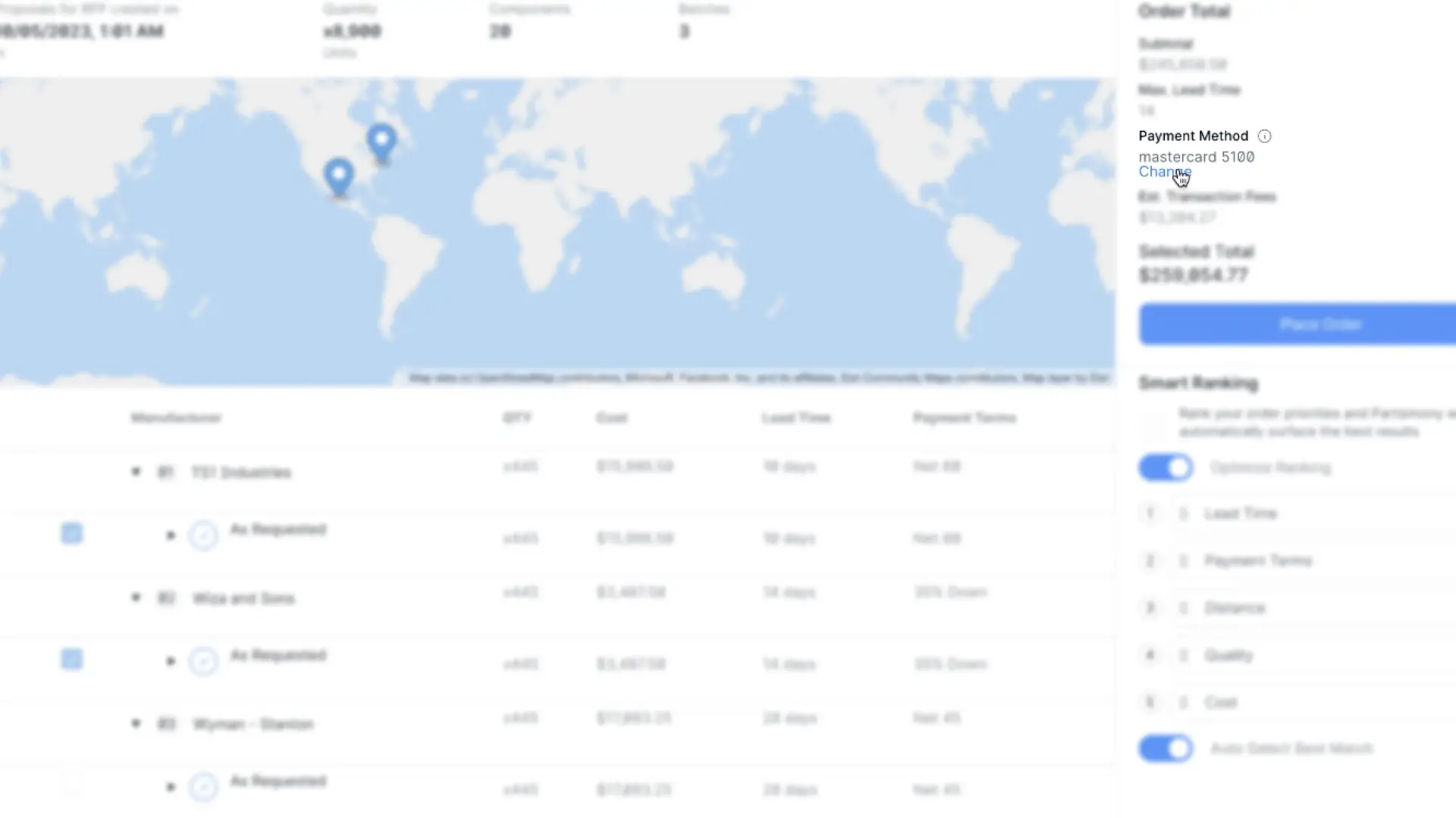 Partsimony Place Orders screen with map, manufacturer list, order total, and smart ranking options.