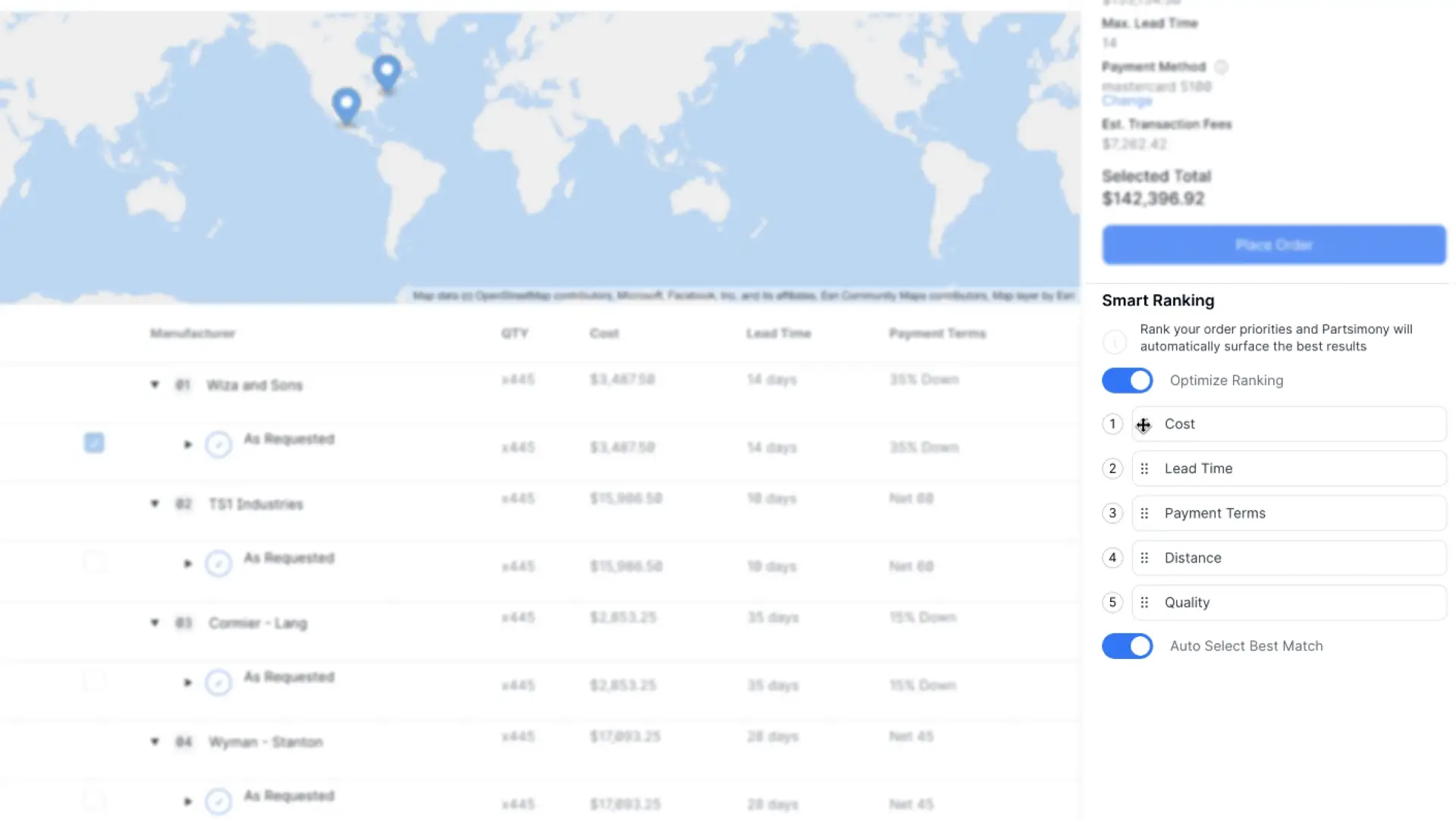 Partsimony Smart Ranking Proposals screen with manufacturer list and ranking options