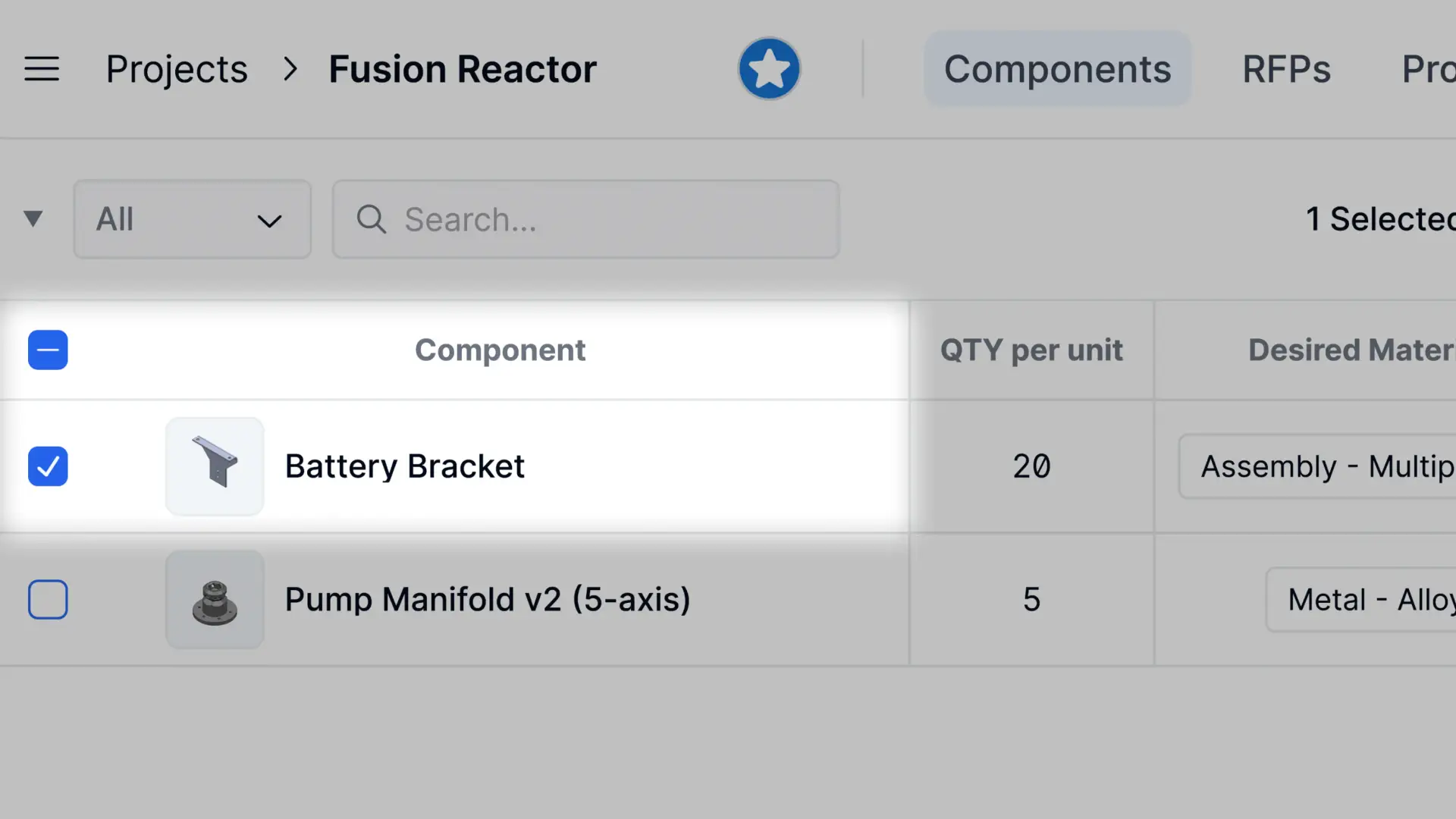 Partsimony Fusion Reactor project components list showing Battery Bracket selected.