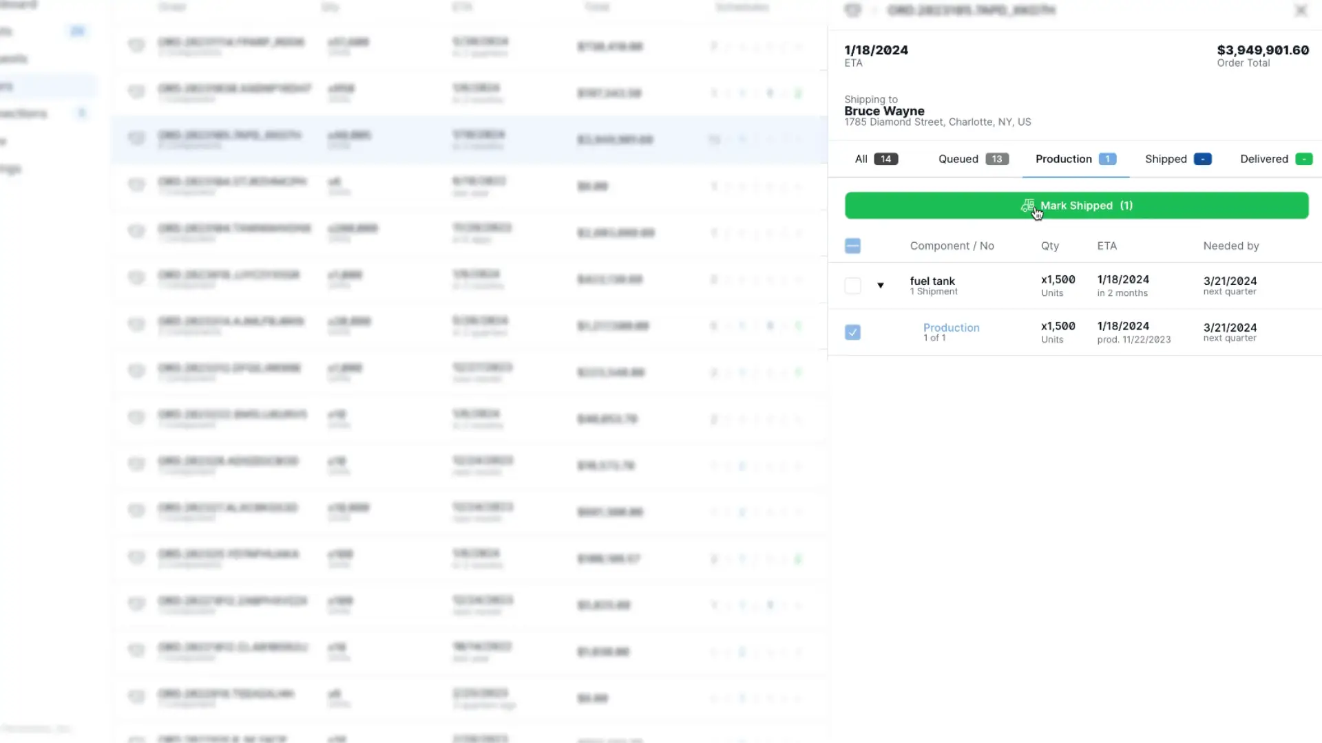 Partsimony Orders - Confirm Shipped Order screen showing order details and shipment confirmation options.