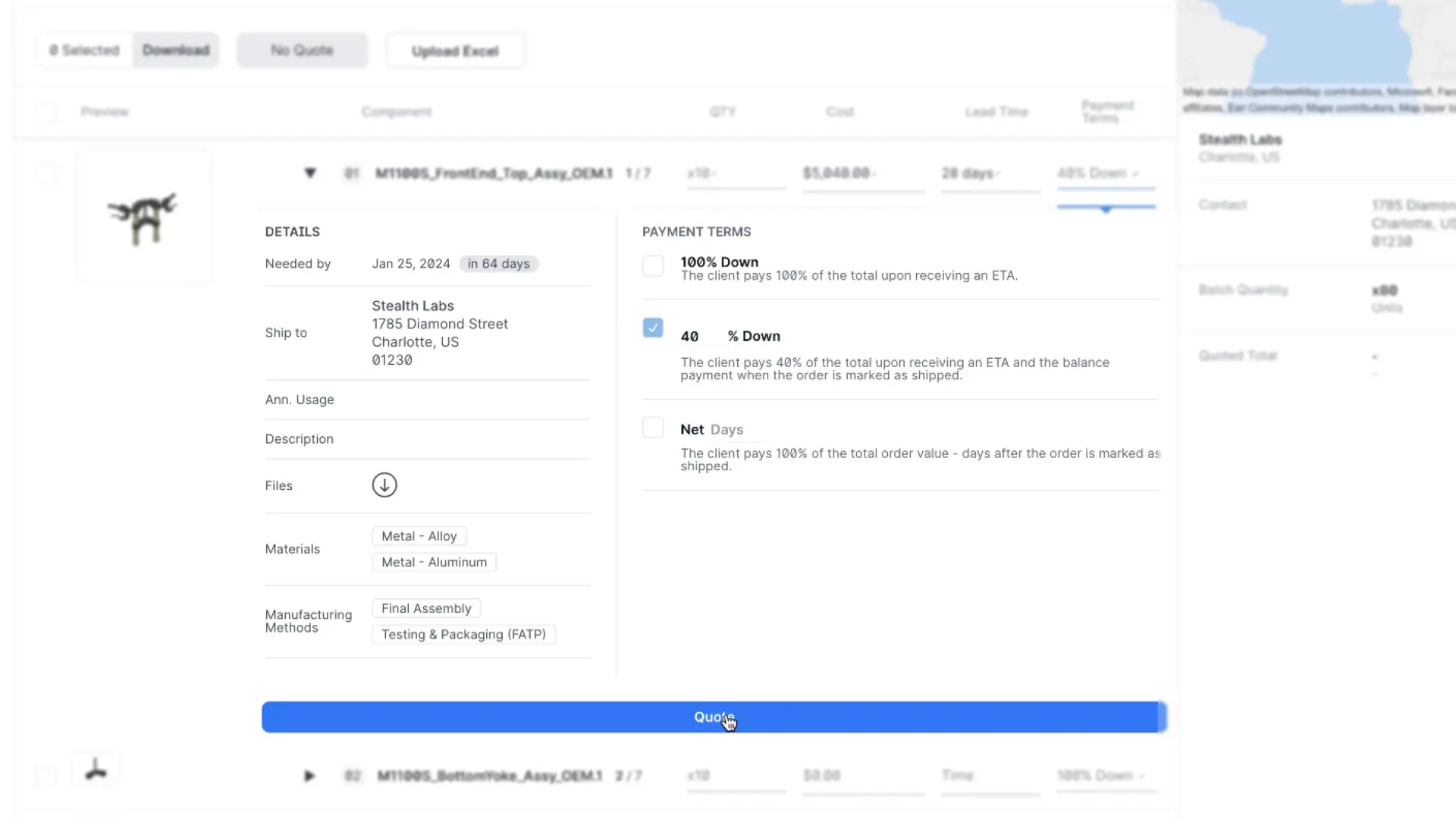 Partsimony Provide Quotes to RFP screen showing component details and payment terms.