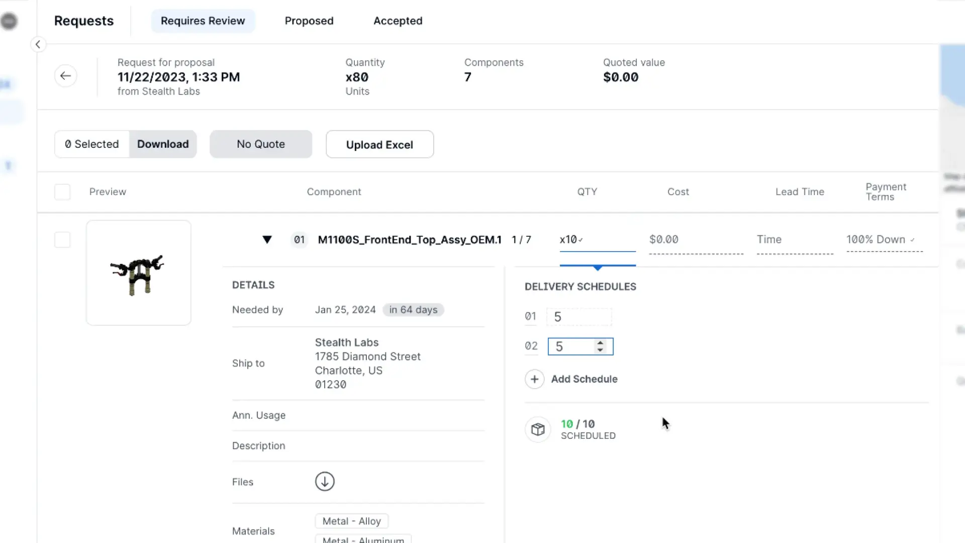 Partsimony Requests Requires Review tab showing a request for proposal from Stealth Labs with component details and delivery schedules.