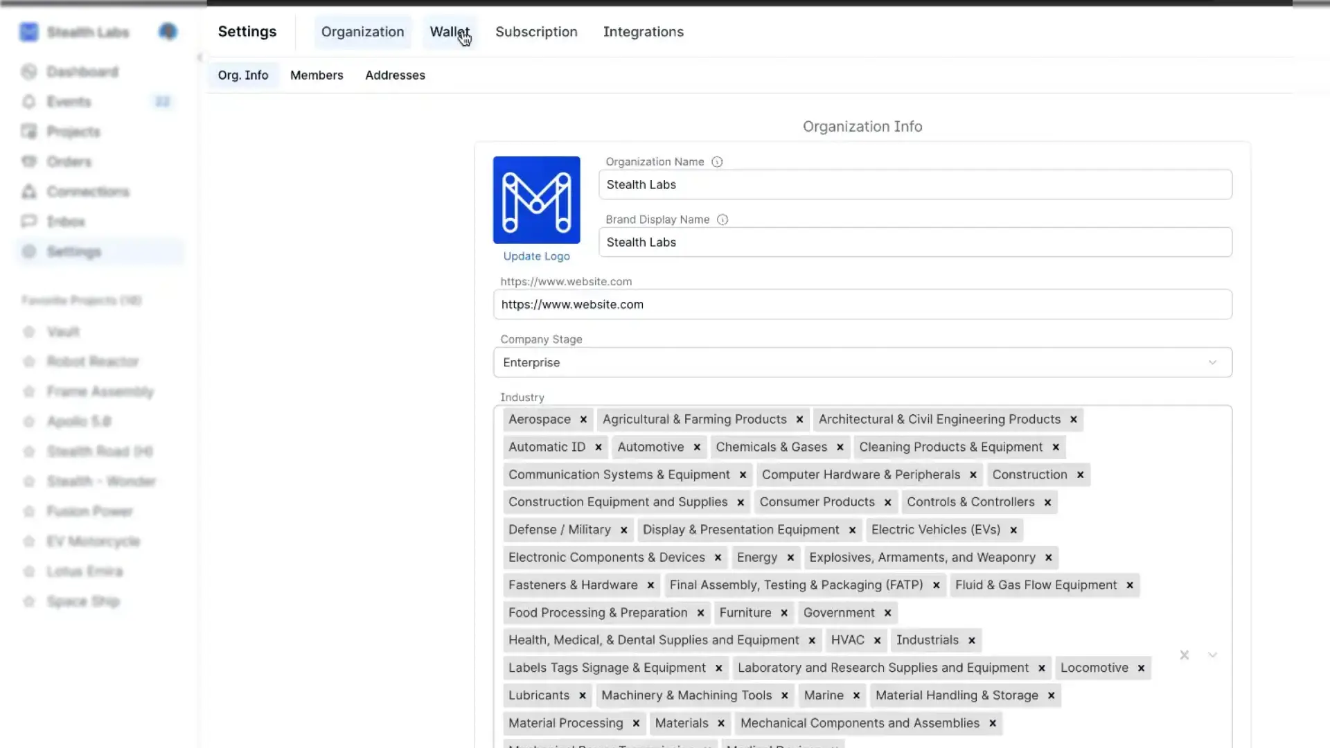 Partsimony platform Organization Info settings page for updating organization details.