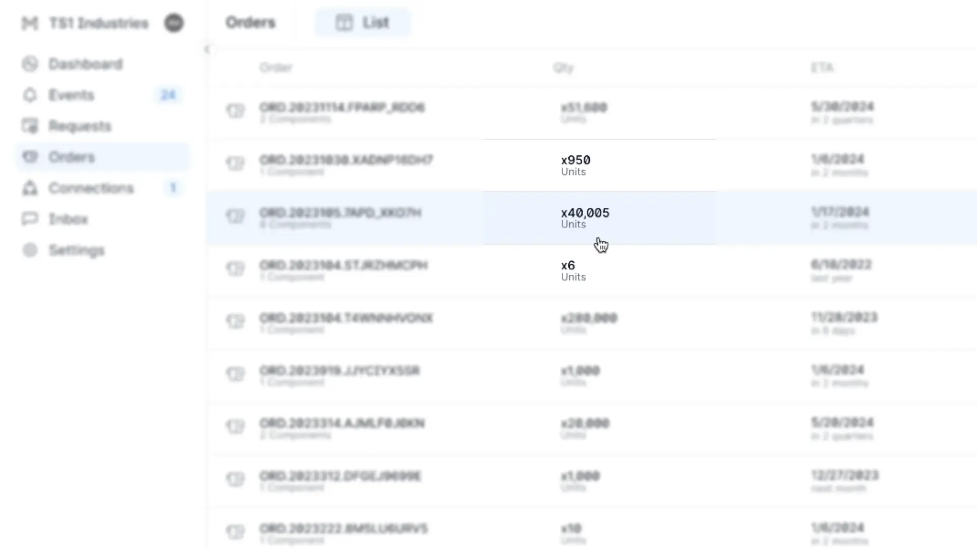 Partsimony Orders section showing a list of orders with details on quantity and ETA.