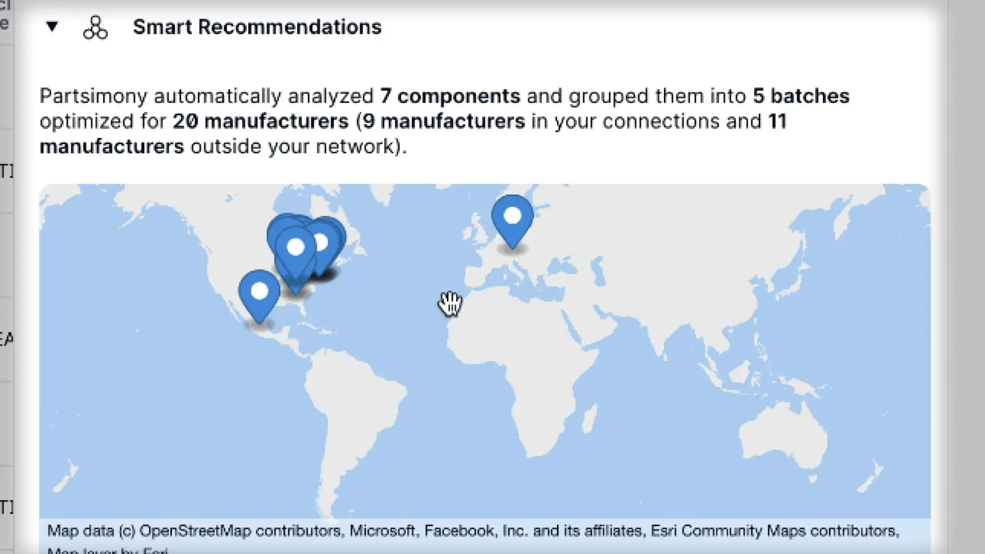 Partsimony Smart Recommendations map showing manufacturer distribution for RFPs.