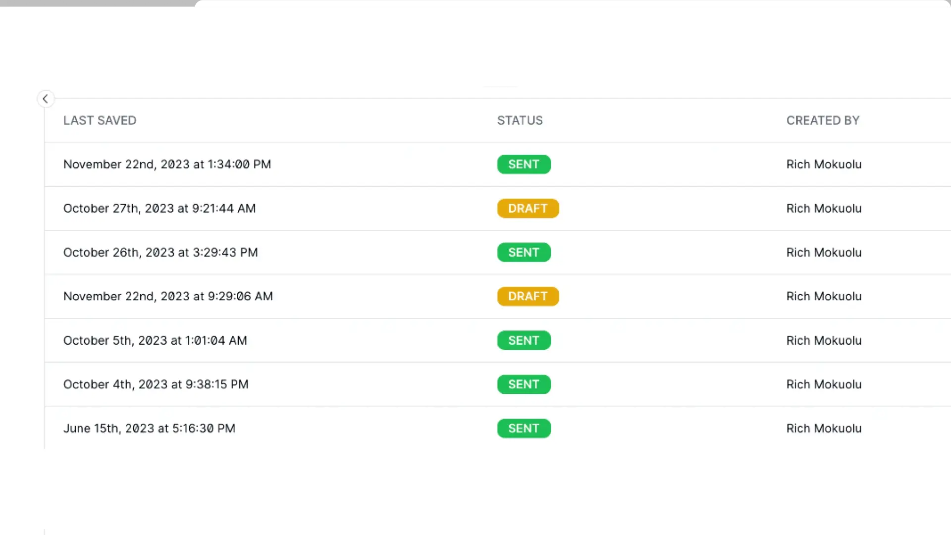 Partsimony RFP Dashboard showing RFPs with last saved dates, statuses, and creator names.