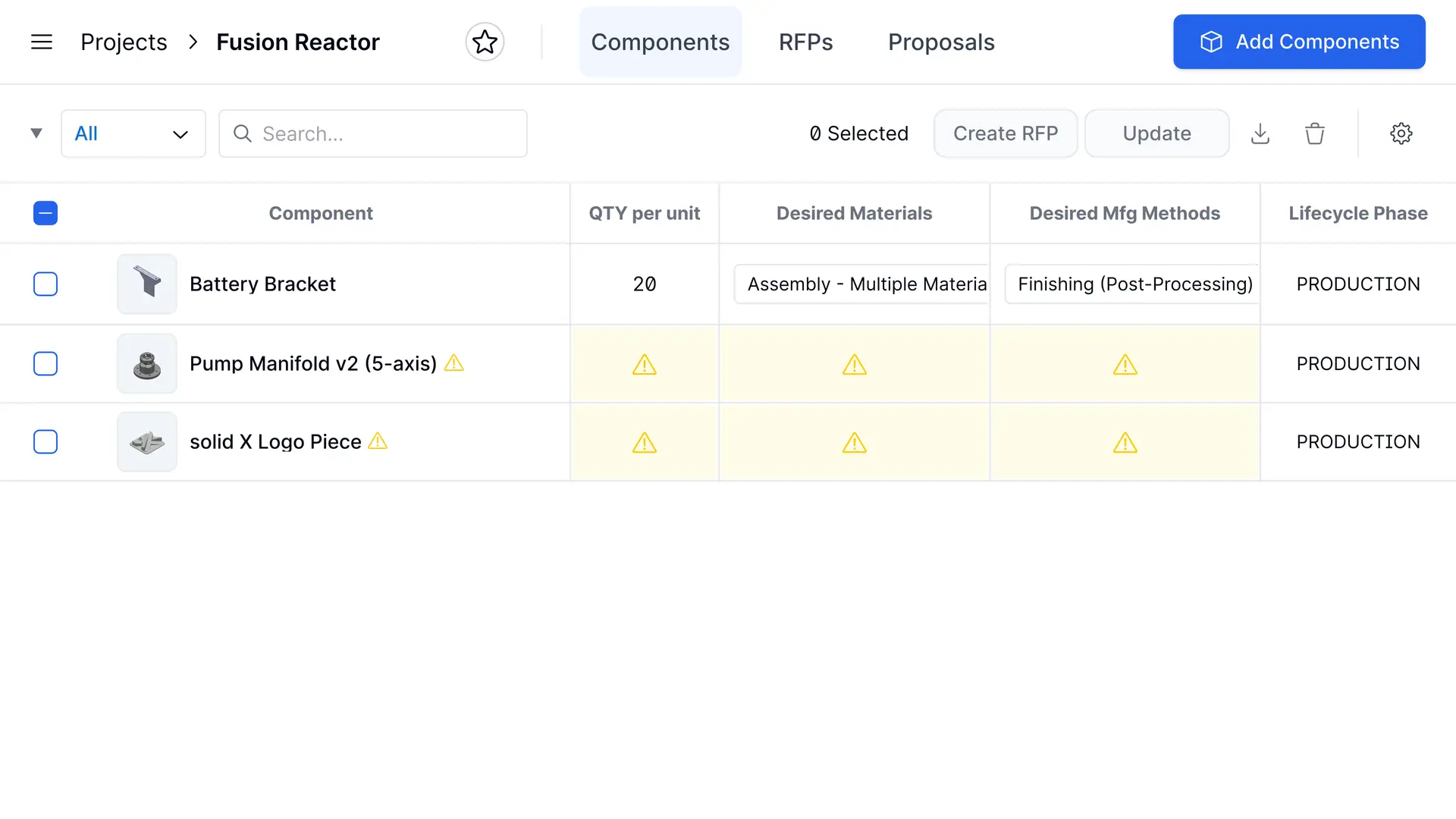 Partsimony Fusion Reactor project components tab showing component list and options.