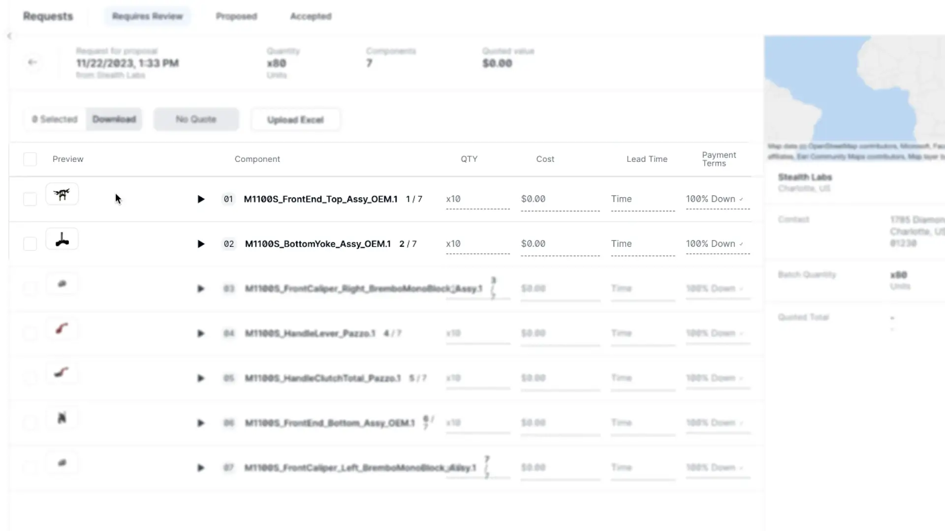 Partsimony Requests Requires Review tab showing RFP details from Stealth Labs.