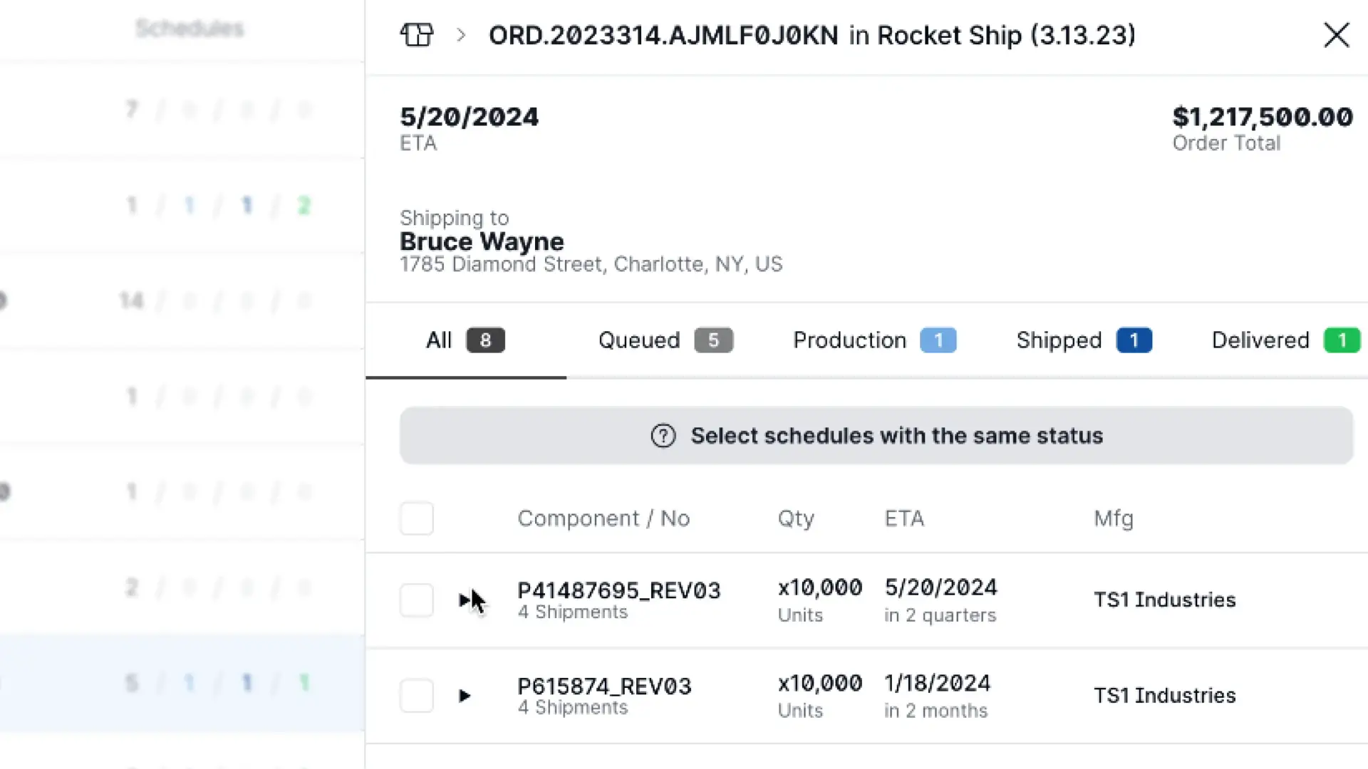 Partsimony Track Submitted Orders screen showing order details and component schedules.