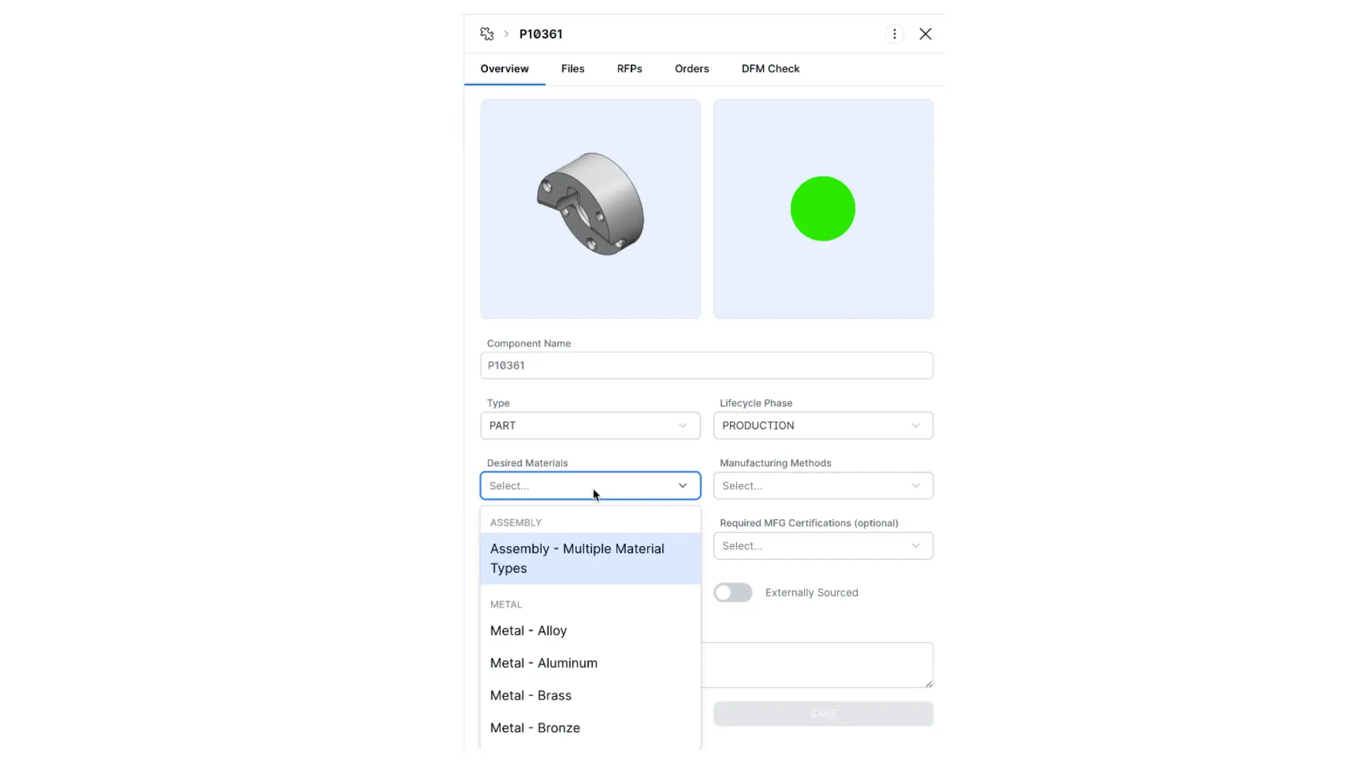 Partsimony Edit Components screen showing component details and material selection options.