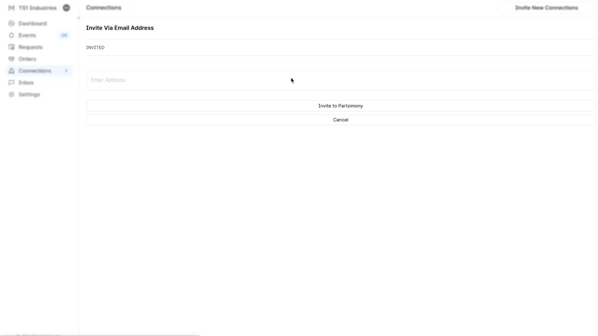 Partsimony Connections Invite Via Email Address screen