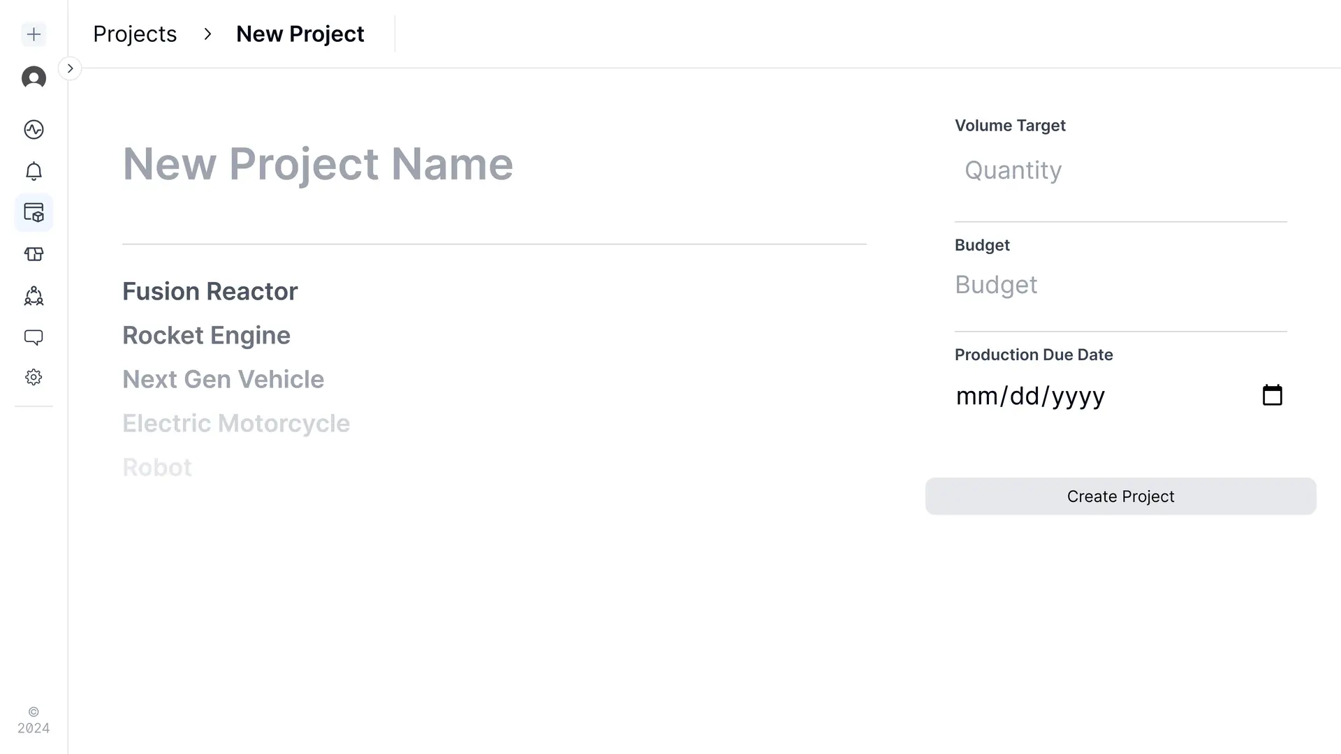 Partsimony Create New Project page with fields for project name, volume target, budget, and production due date.